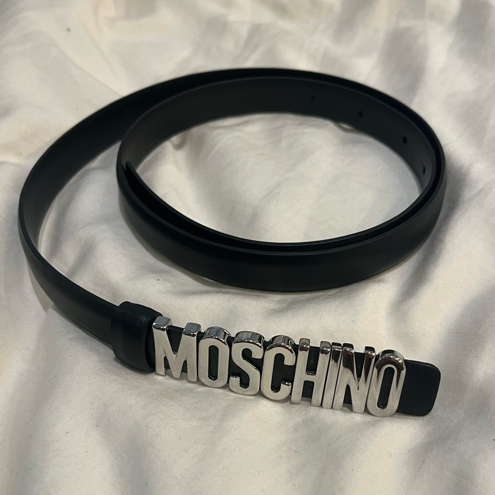 MOSCHINO Silver Black Lettering Logo Calfskin Belt NWT